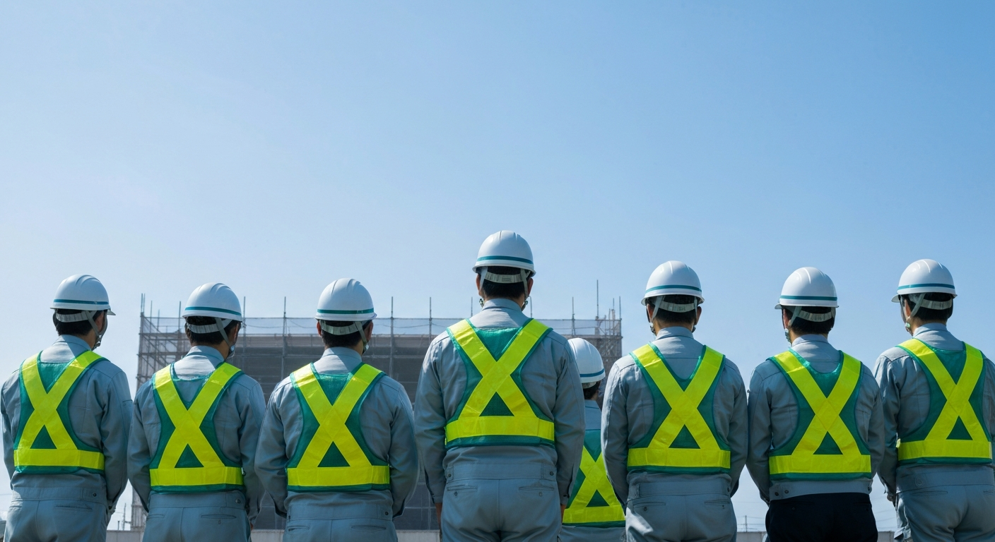 株式会社クレアートのチーム集合写真 — 建設現場前に整列するスタッフ